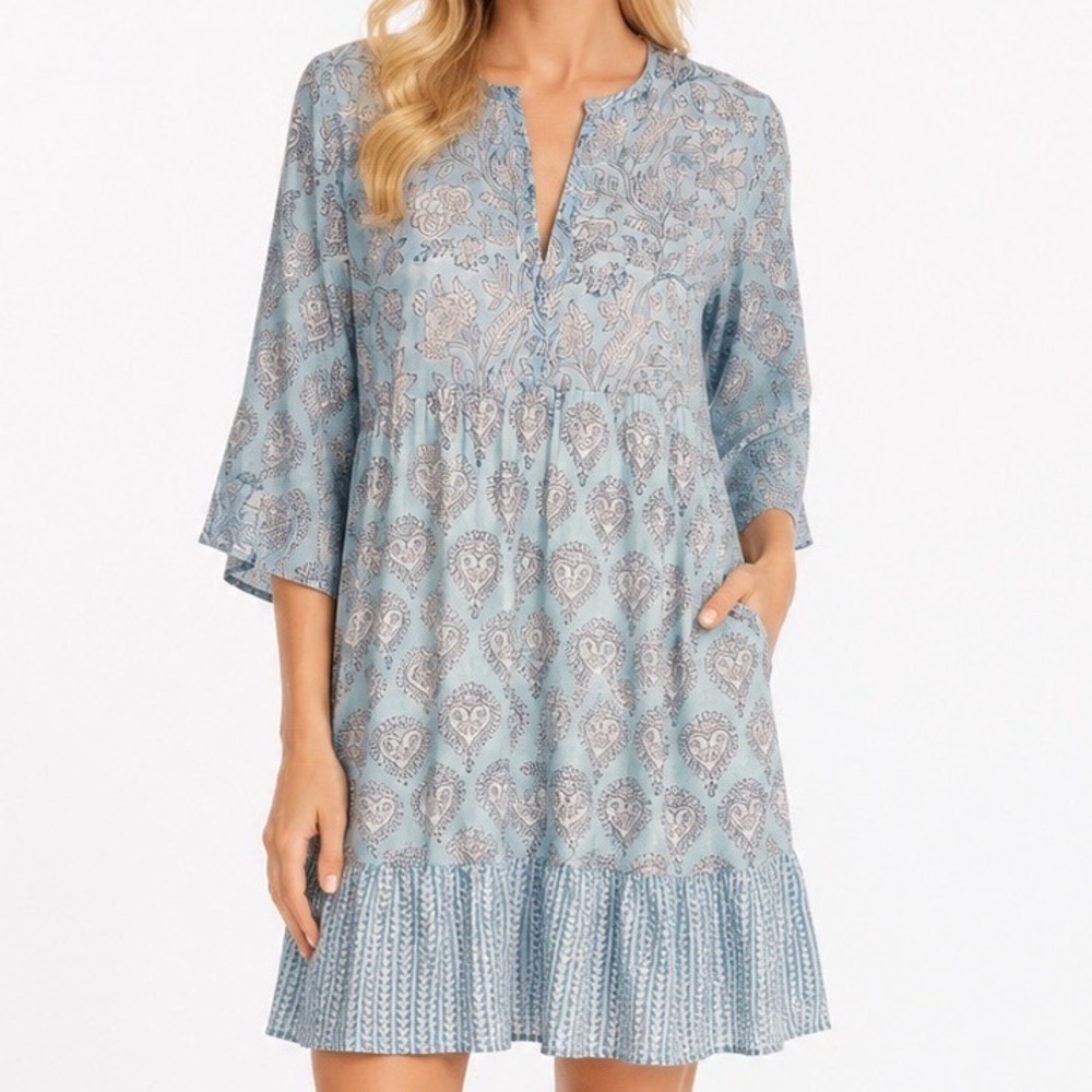 Clara The Label Blue Floral Cotton Gauze Babydoll Tunic Dress Block Print L
